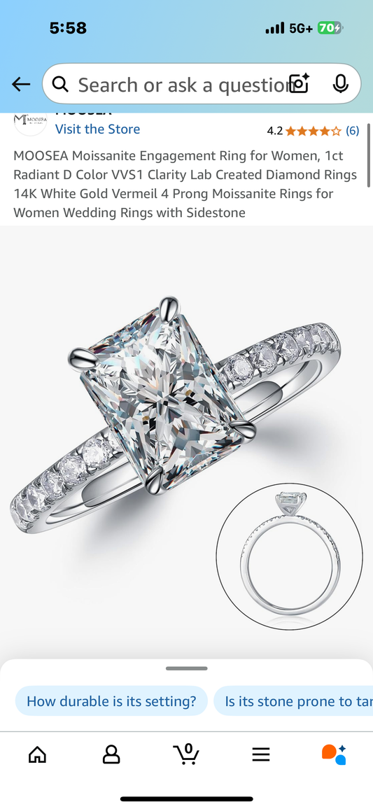 Size 7.5 - Moissanite Engagement Ring for Women, 1ct Radiant D Color VVS1 Clarity Lab Created Diamond Rings 14K White Gold Vermeil 4 Prong Moissanite Rings for Women Wedding Rings with Sidestone