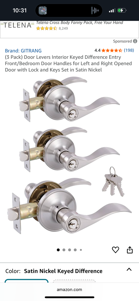 Door Levers Interior Keyed Difference Entry Front/Bedroom Door Handles for Left and Right Opened Door with Lock and Keys Set in Satin Nickel