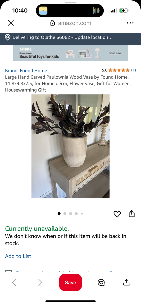 Large Hand Carved Paulownia Wood Vase by Found Home, 11.8x9.8x7.5, for Home décor, Flower vase, Gift for Women, Housewarming Gift