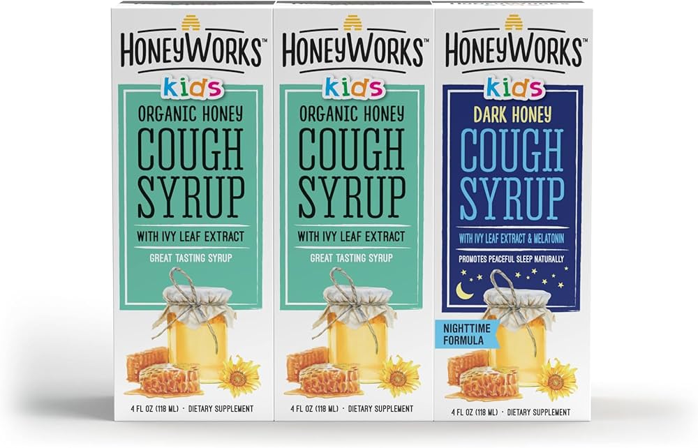 HoneyWorks Cough Syrup for Kids with Organic Honey, 2X Day/1x Night Bundle, 4 Oz (Pack of 3) Cough suppressant for Kids with Dark Honey