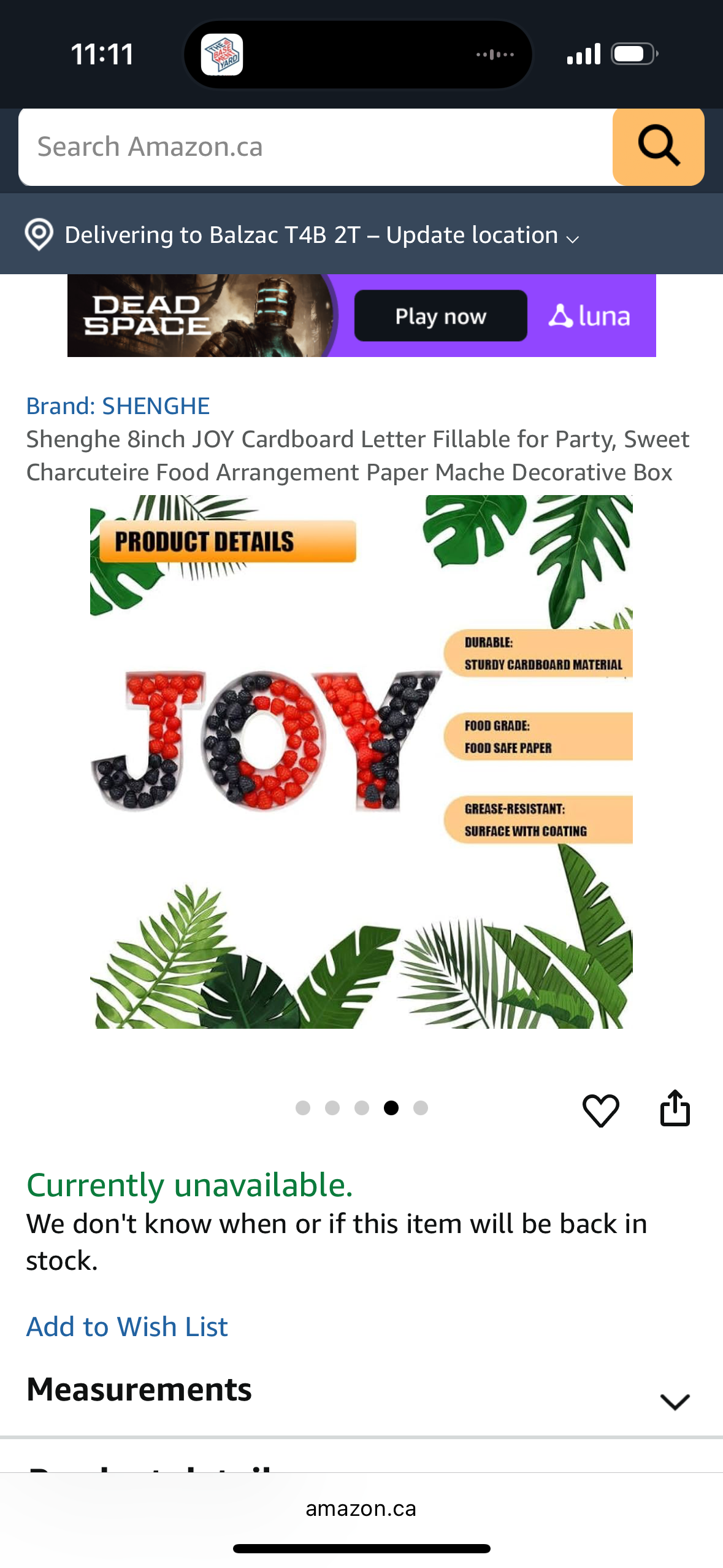 Shenghe 8inch JOY Cardboard Letter Fillable for Party, Sweet Charcuteire Food Arrangement Paper Mache Decorative Box