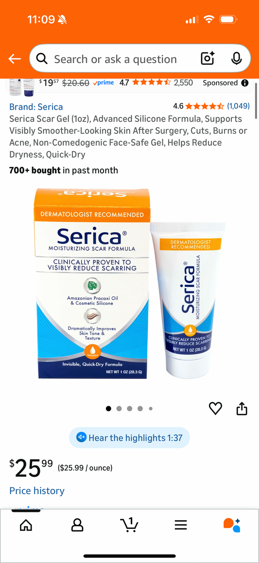 Serica Scar Gel (1oz), Advanced Silicone Formula, Supports Visibly Smoother-Looking Skin After Surgery, Cuts, Burns or Acne, Non-Comedogenic Face-Safe Gel, Helps Reduce Dryness, Quick-Dry