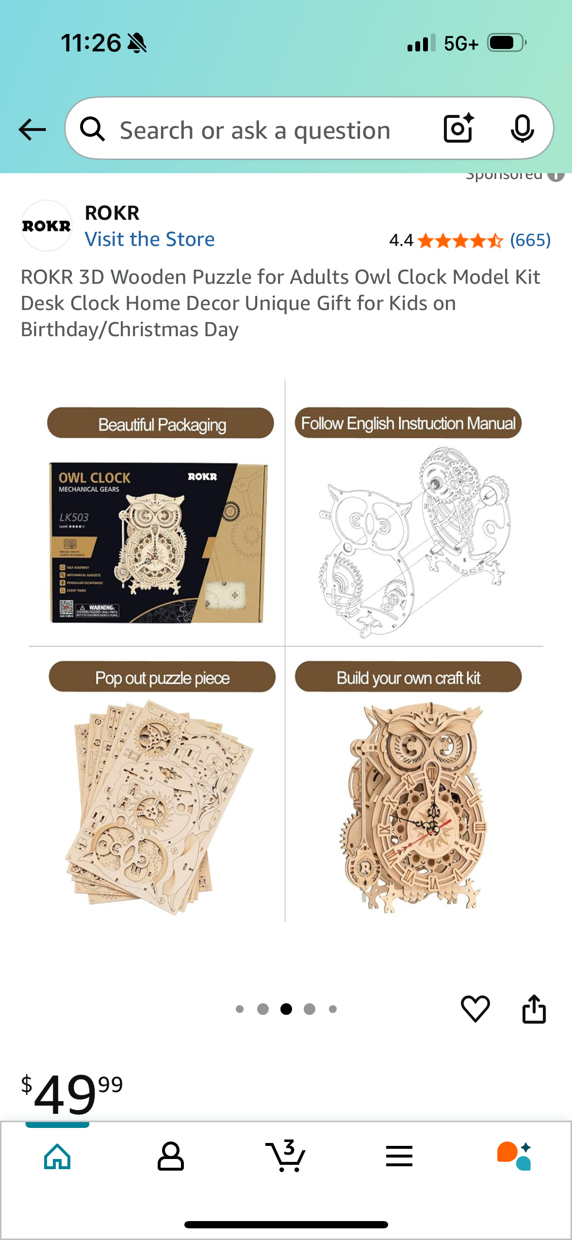 ROKR 3D Wooden Puzzle for Adults Owl Clock Model Kit Desk Clock Home Decor Unique Gift for Kids on Birthday/Christmas Day