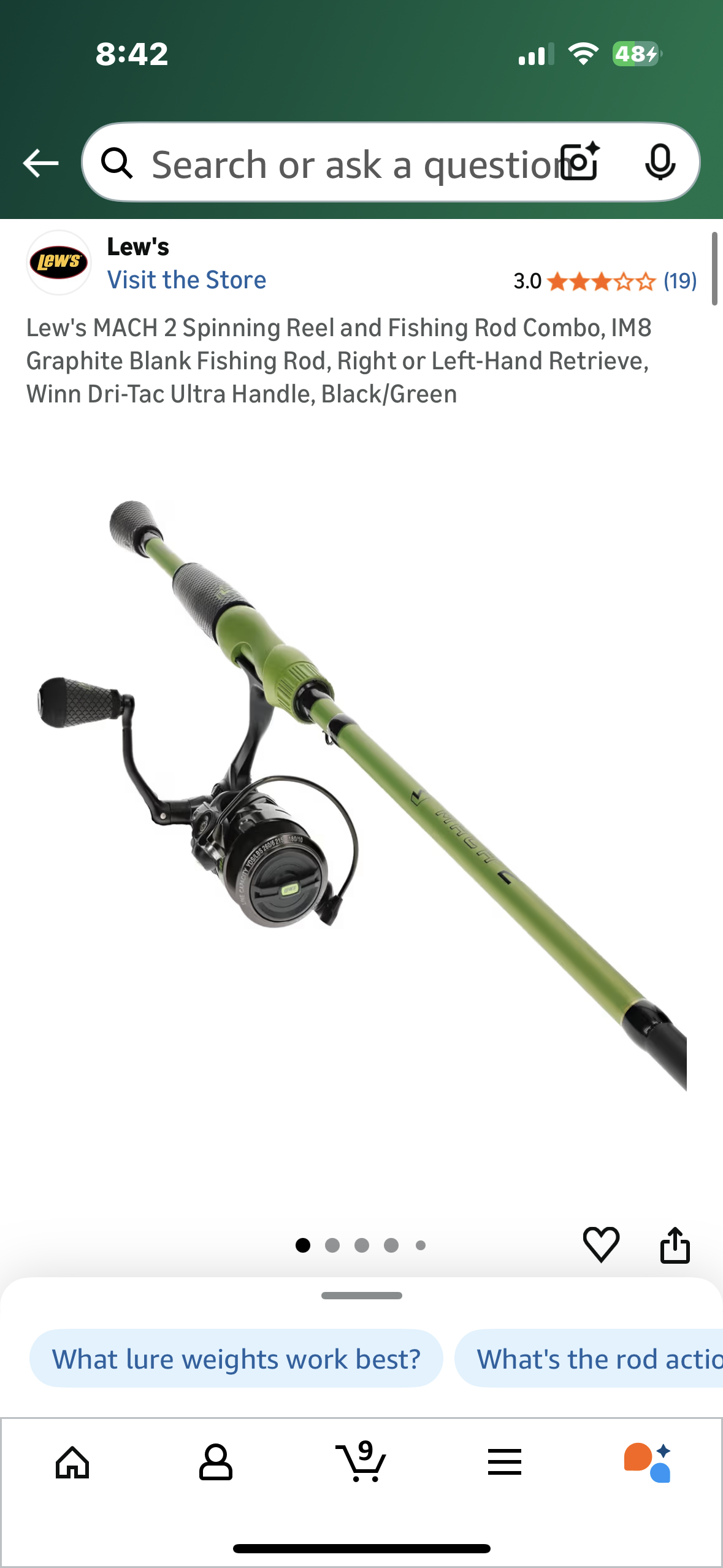 Lew's MACH 2 Spinning Reel and Fishing Rod Combo, IM8 Graphite Blank Fishing Rod, Right or Left-Hand Retrieve, Winn Dri-Tac Ultra Handle, Black/Green (W536)