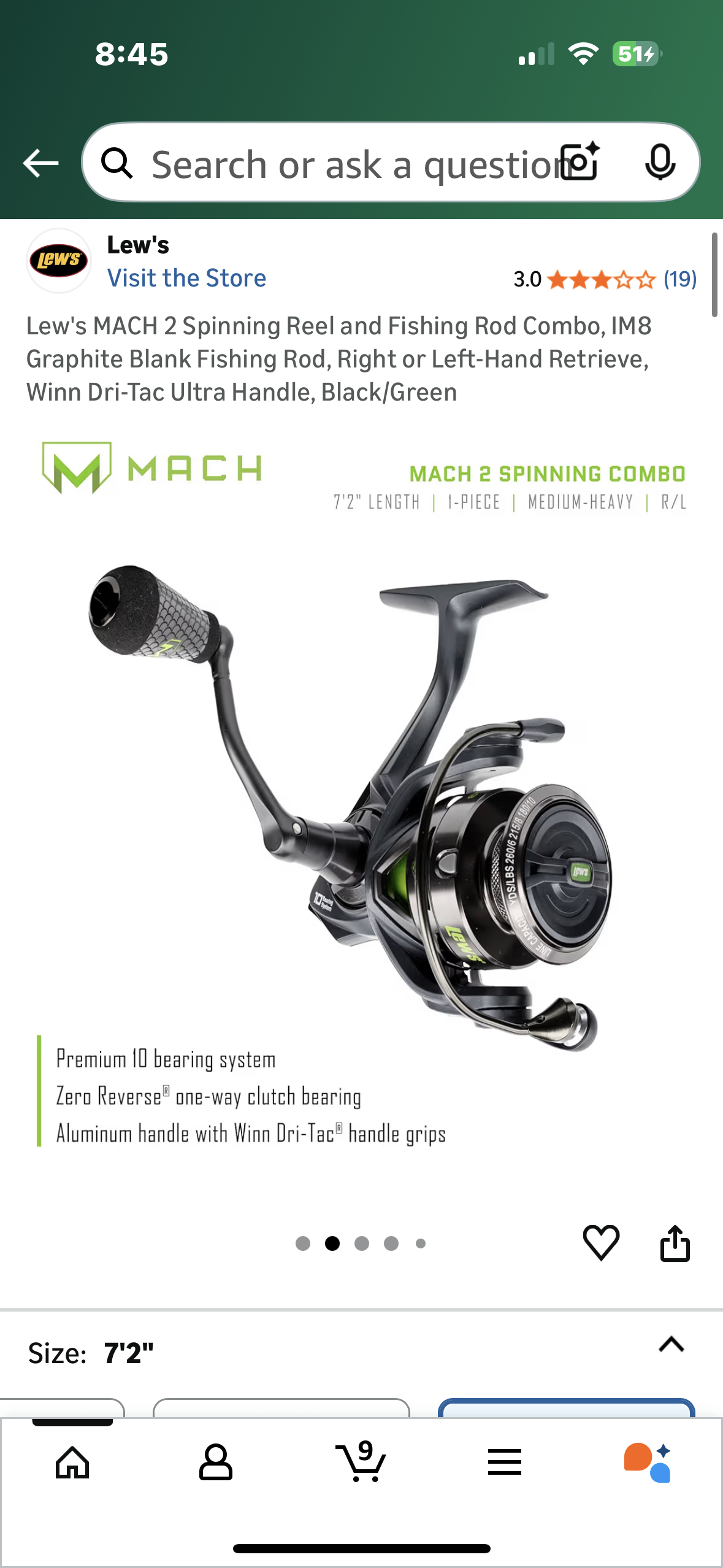 Lew's MACH 2 Spinning Reel and Fishing Rod Combo, IM8 Graphite Blank Fishing Rod, Right or Left-Hand Retrieve, Winn Dri-Tac Ultra Handle, Black/Green (W536)
