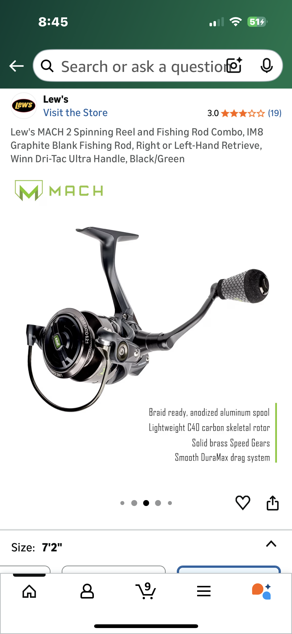 Lew's MACH 2 Spinning Reel and Fishing Rod Combo, IM8 Graphite Blank Fishing Rod, Right or Left-Hand Retrieve, Winn Dri-Tac Ultra Handle, Black/Green (W536)