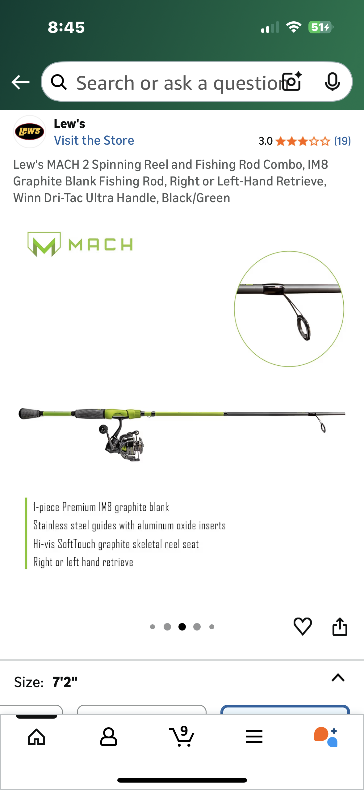 Lew's MACH 2 Spinning Reel and Fishing Rod Combo, IM8 Graphite Blank Fishing Rod, Right or Left-Hand Retrieve, Winn Dri-Tac Ultra Handle, Black/Green (W536)