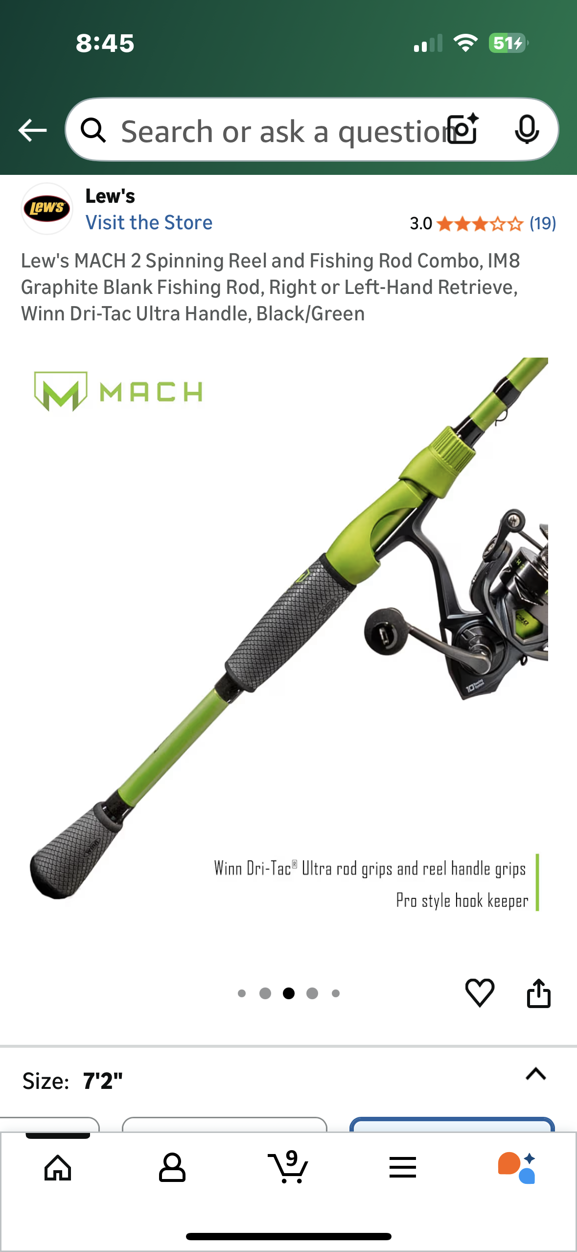 Lew's MACH 2 Spinning Reel and Fishing Rod Combo, IM8 Graphite Blank Fishing Rod, Right or Left-Hand Retrieve, Winn Dri-Tac Ultra Handle, Black/Green (W536)
