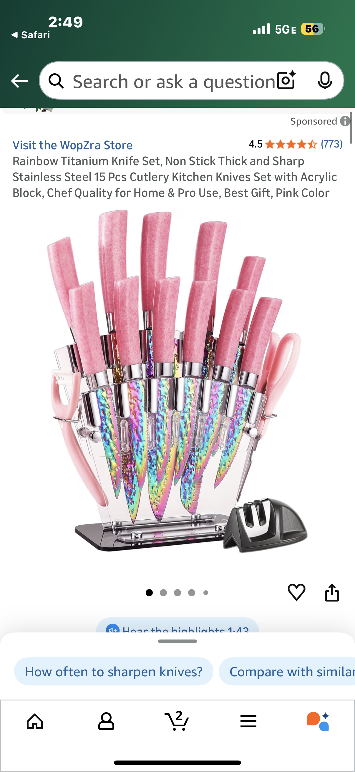 Rainbow Titanium Knife Set, Non Stick Thick and Sharp Stainless Steel 15 Pcs Cutlery Kitchen Knives Set with Acrylic Block, Chef Quality for Home & Pro Use, Best Gift, Pink Color