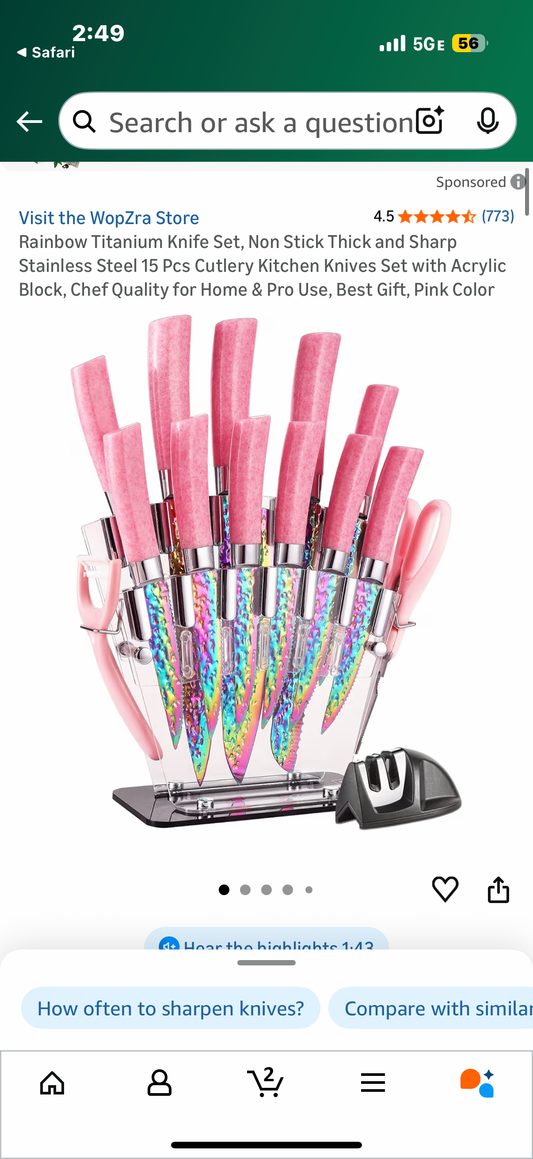 Rainbow Titanium Knife Set, Non Stick Thick and Sharp Stainless Steel 15 Pcs Cutlery Kitchen Knives Set with Acrylic Block, Chef Quality for Home & Pro Use, Best Gift, Pink Color