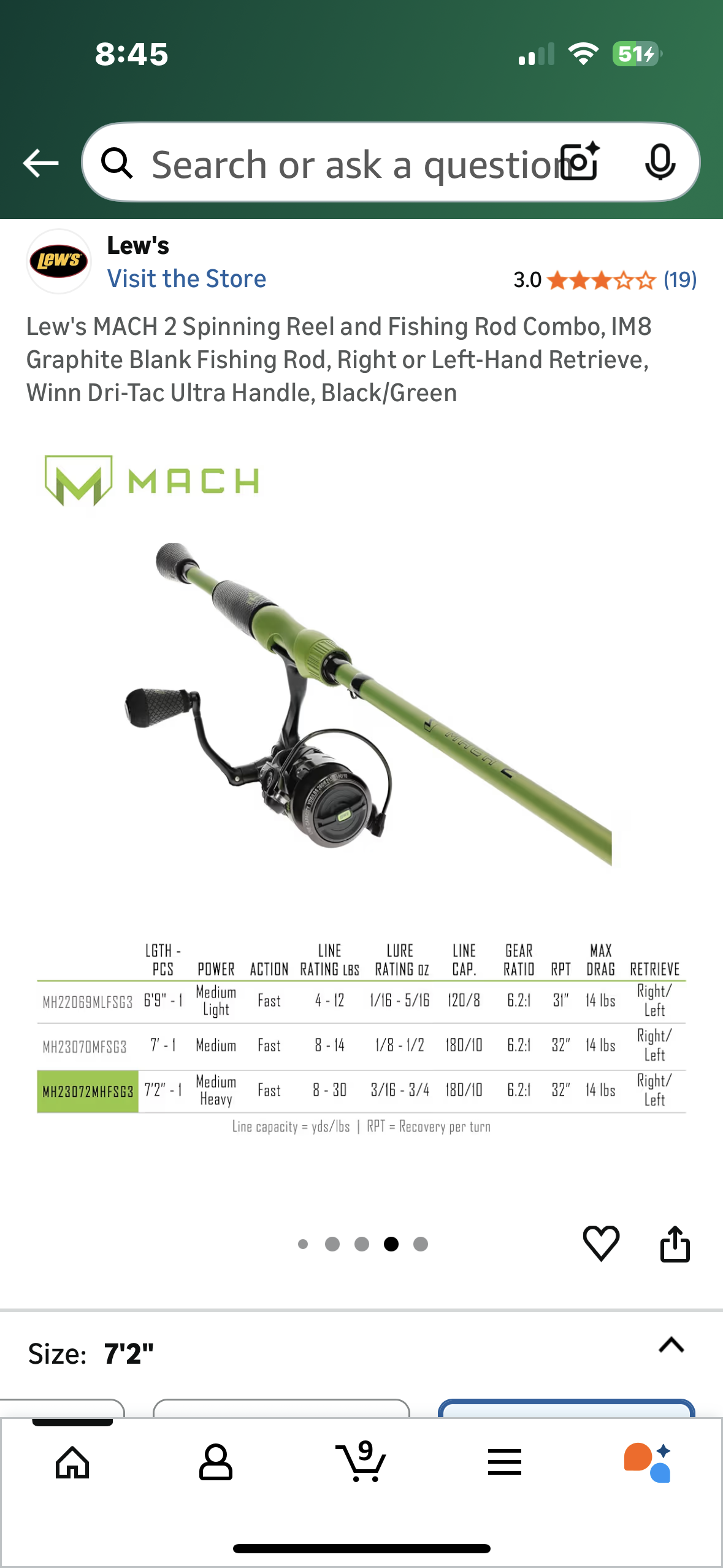 Lew's MACH 2 Spinning Reel and Fishing Rod Combo, IM8 Graphite Blank Fishing Rod, Right or Left-Hand Retrieve, Winn Dri-Tac Ultra Handle, Black/Green (W536)