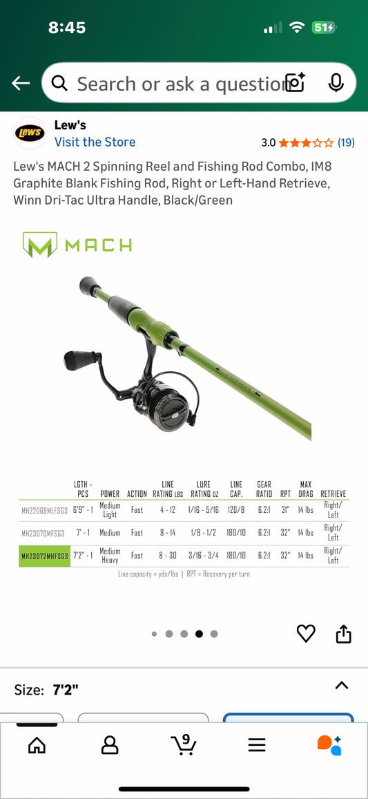 Lew's MACH 2 Spinning Reel and Fishing Rod Combo, IM8 Graphite Blank Fishing Rod, Right or Left-Hand Retrieve, Winn Dri-Tac Ultra Handle, Black/Green (W536)