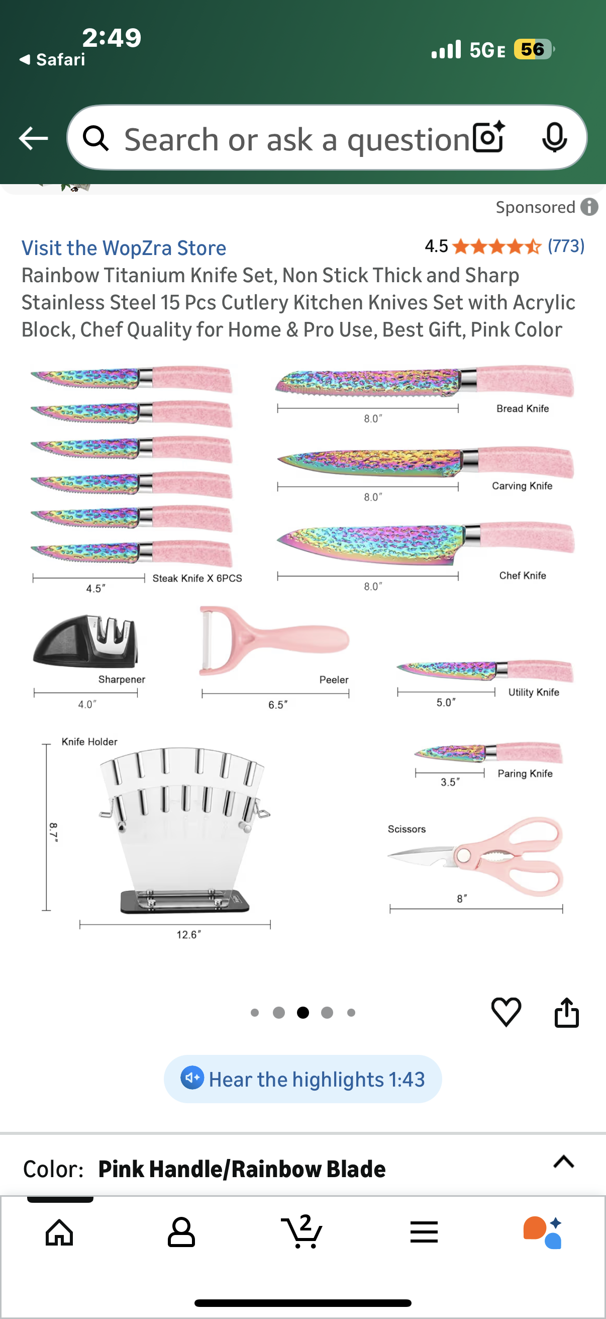 Rainbow Titanium Knife Set, Non Stick Thick and Sharp Stainless Steel 15 Pcs Cutlery Kitchen Knives Set with Acrylic Block, Chef Quality for Home & Pro Use, Best Gift, Pink Color