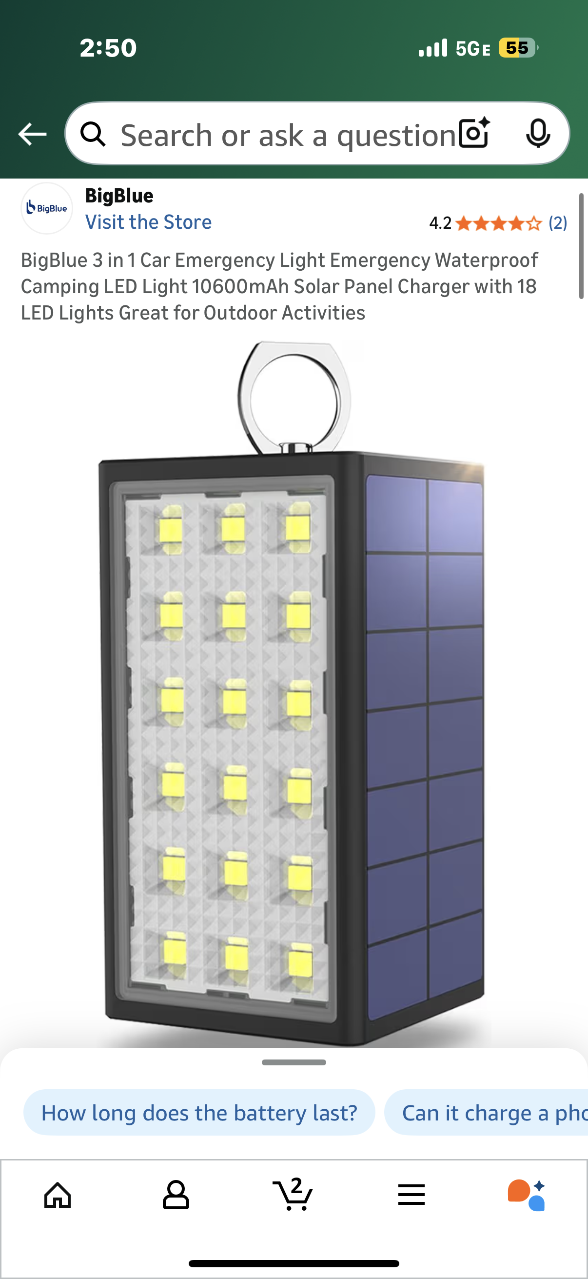 BigBlue 3 in 1 Car Emergency Light Emergency Waterproof Camping LED Light 10600mAh Solar Panel Charger with 18 LED Lights Great for Outdoor Activities