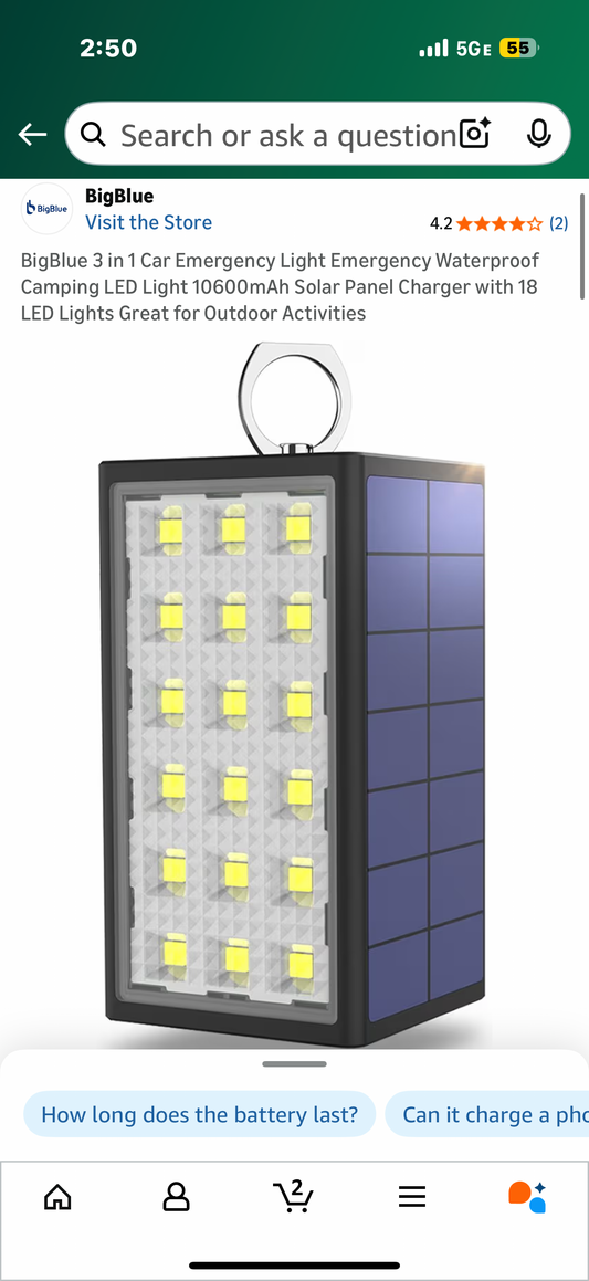 BigBlue 3 in 1 Car Emergency Light Emergency Waterproof Camping LED Light 10600mAh Solar Panel Charger with 18 LED Lights Great for Outdoor Activities