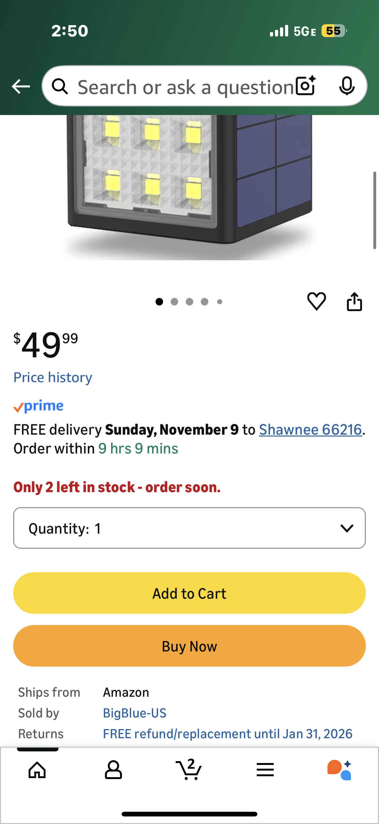 BigBlue 3 in 1 Car Emergency Light Emergency Waterproof Camping LED Light 10600mAh Solar Panel Charger with 18 LED Lights Great for Outdoor Activities