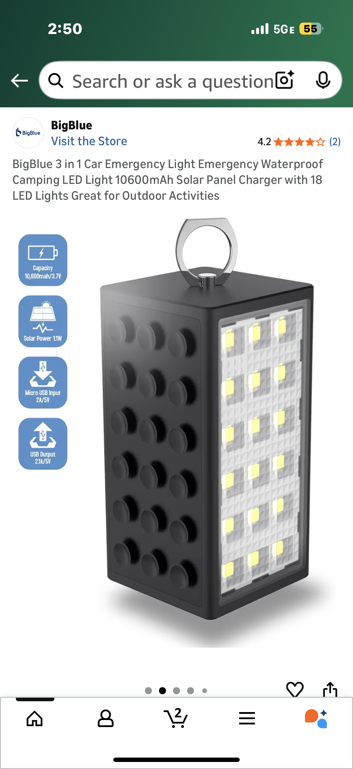 BigBlue 3 in 1 Car Emergency Light Emergency Waterproof Camping LED Light 10600mAh Solar Panel Charger with 18 LED Lights Great for Outdoor Activities