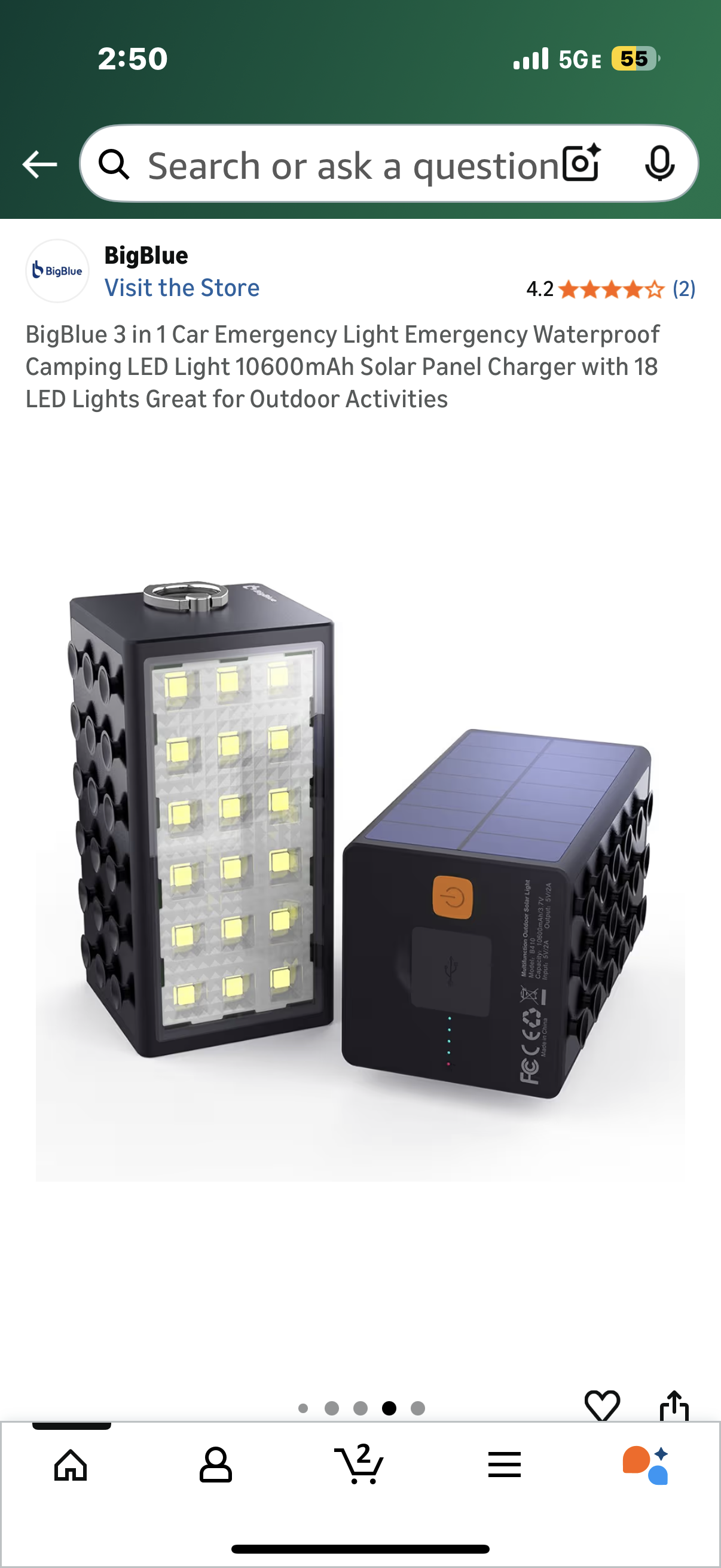 BigBlue 3 in 1 Car Emergency Light Emergency Waterproof Camping LED Light 10600mAh Solar Panel Charger with 18 LED Lights Great for Outdoor Activities