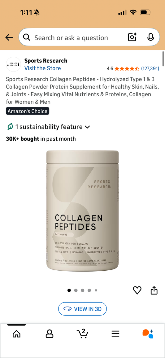 Sports Research Collagen Peptides - Hydrolyzed Type 1 & 3 Collagen Powder Protein Supplement for Healthy Skin, Nails, & Joints - Easy Mixing Vital Nutrients & Proteins, Collagen for Women & Men