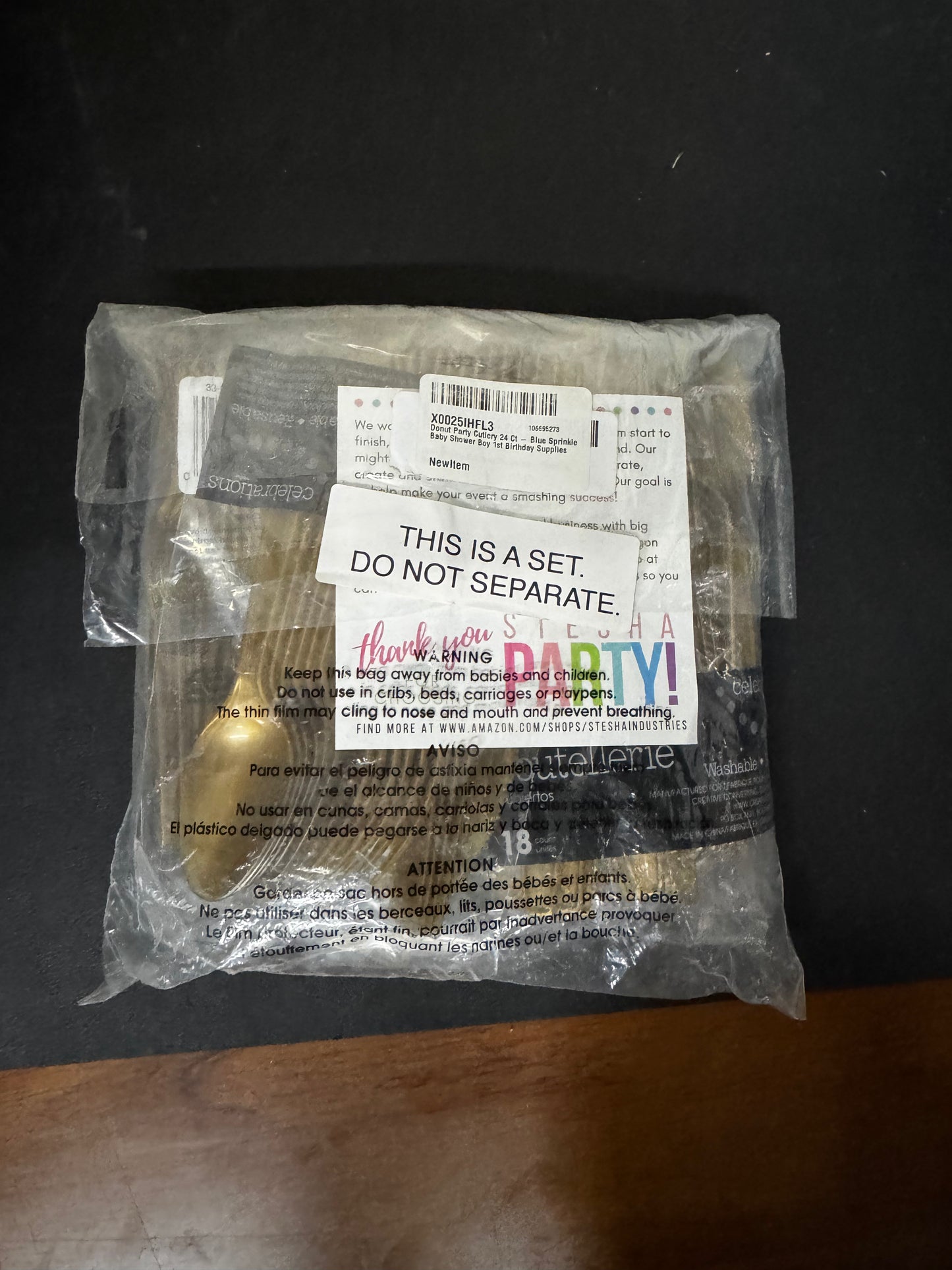 Party Pack: 4 Packages of 18 Piece Plastic Gold Spoons, Blue Green & Yellow Napkins, and donut Envelopes