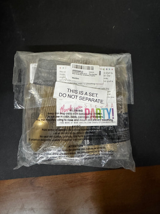 Party Pack: 4 Packages of 18 Piece Plastic Gold Spoons, Blue Green & Yellow Napkins, and donut Envelopes