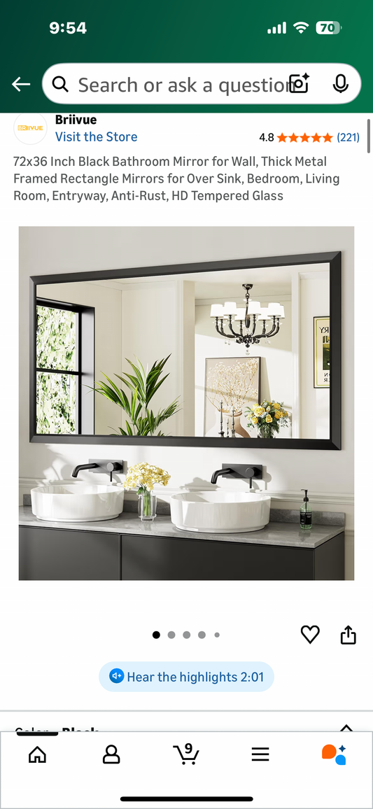 72x36 Inch Black Bathroom Mirror for Wall, Thick Metal Framed Rectangle Mirrors for Over Sink, Bedroom, Living Room, Entryway, Anti-Rust, HD Tempered Glass (M433)