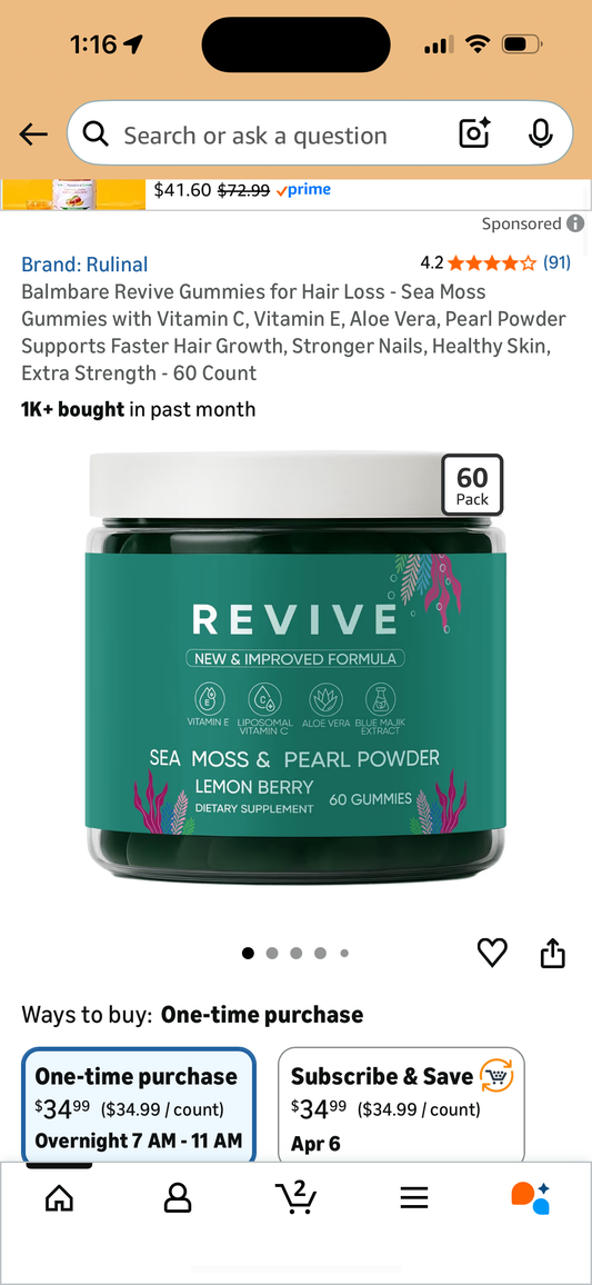 Balmbare Revive Gummies for Hair Loss - Sea Moss Gummies with Vitamin C, Vitamin E, Aloe Vera, Pearl Powder Supports Faster Hair Growth, Stronger Nails, Healthy Skin, Extra Strength - 60 Count