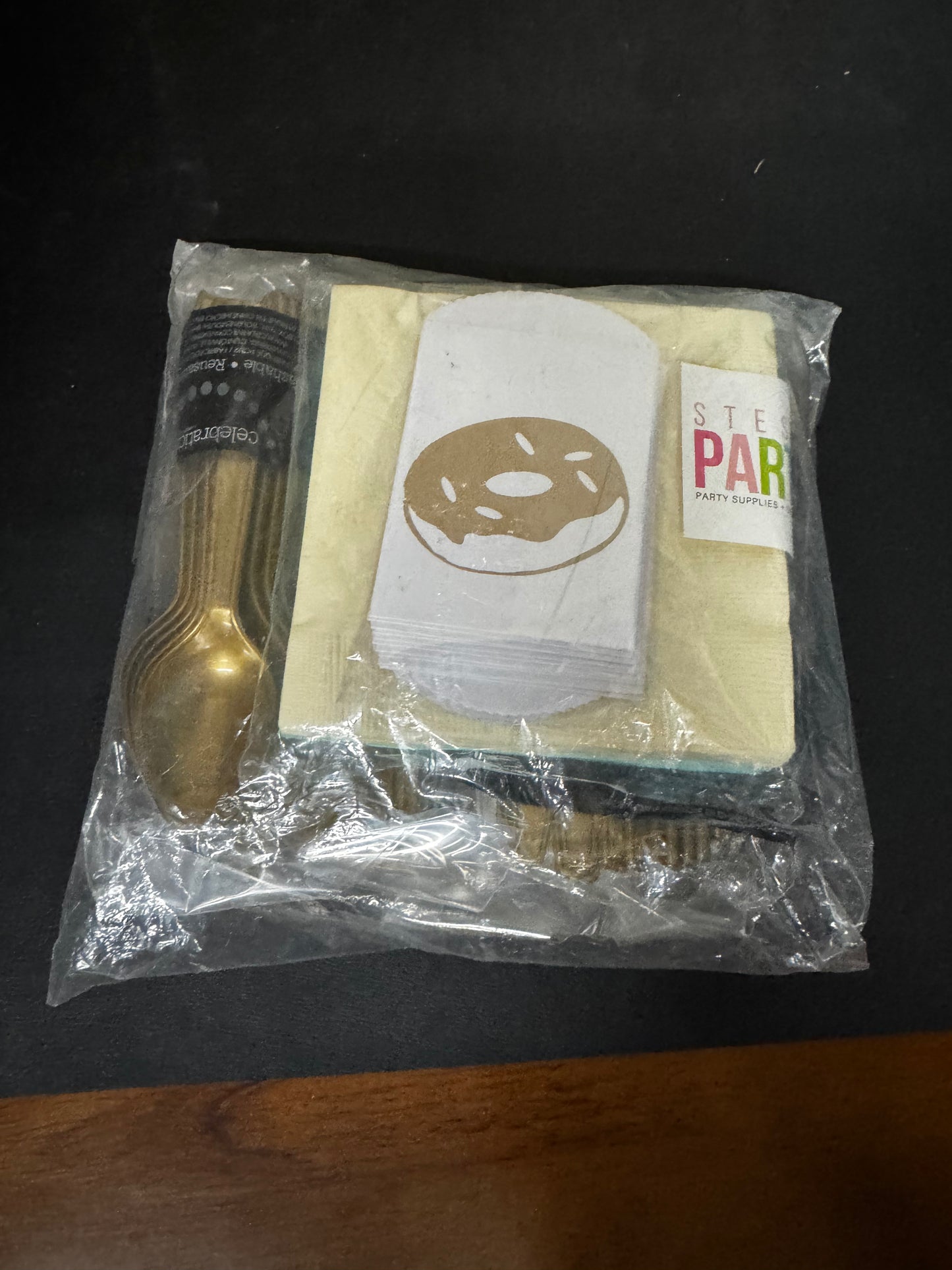 Party Pack: 4 Packages of 18 Piece Plastic Gold Spoons, Blue Green & Yellow Napkins, and donut Envelopes