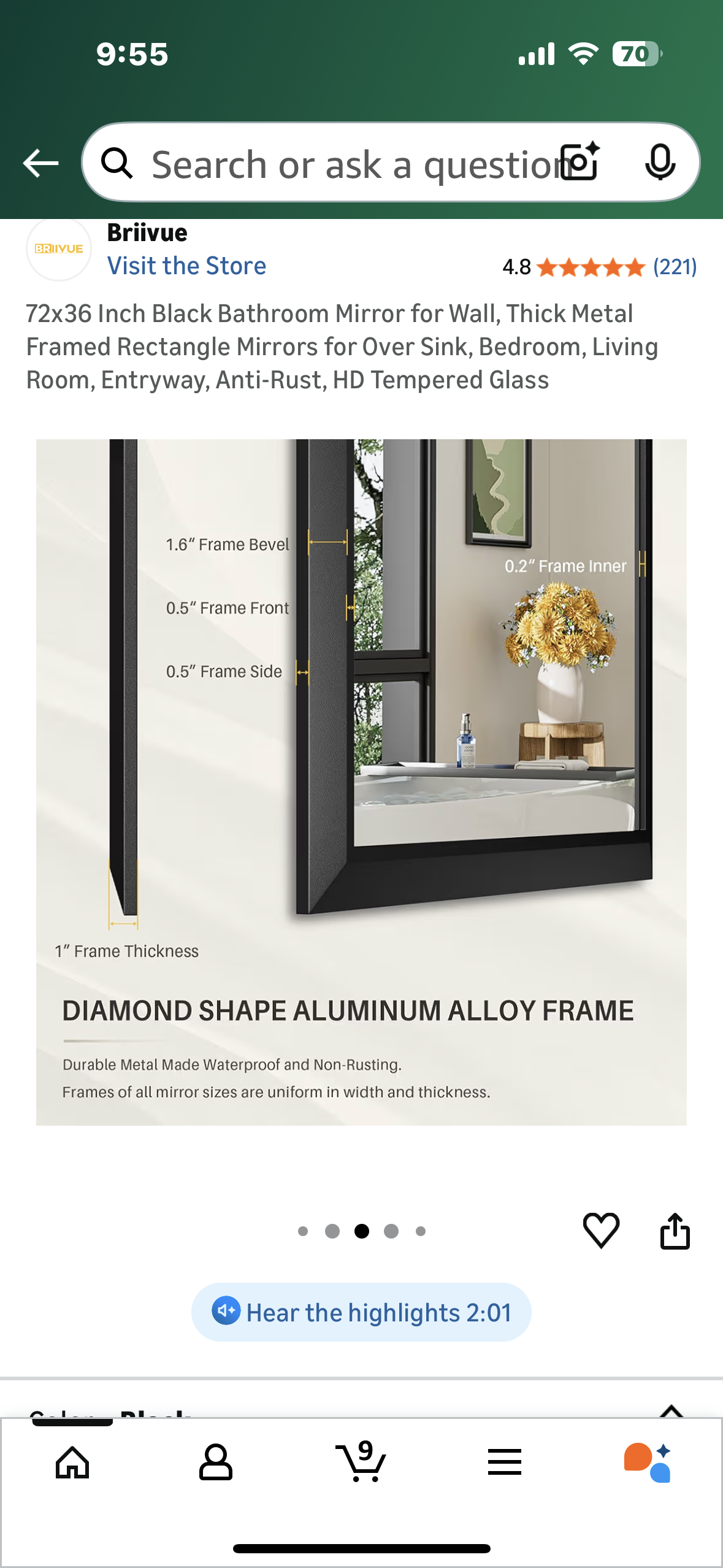 72x36 Inch Black Bathroom Mirror for Wall, Thick Metal Framed Rectangle Mirrors for Over Sink, Bedroom, Living Room, Entryway, Anti-Rust, HD Tempered Glass (M433)