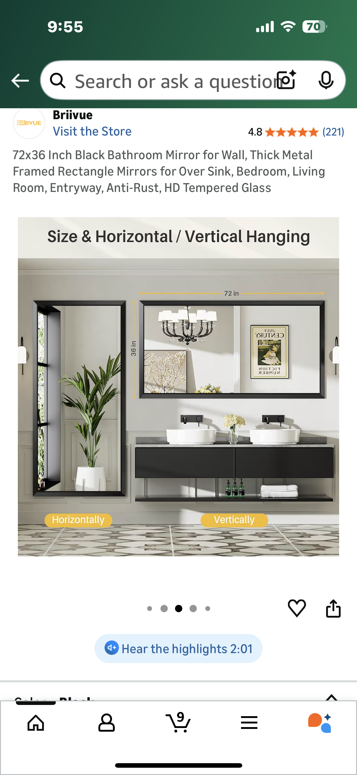 72x36 Inch Black Bathroom Mirror for Wall, Thick Metal Framed Rectangle Mirrors for Over Sink, Bedroom, Living Room, Entryway, Anti-Rust, HD Tempered Glass (M433)