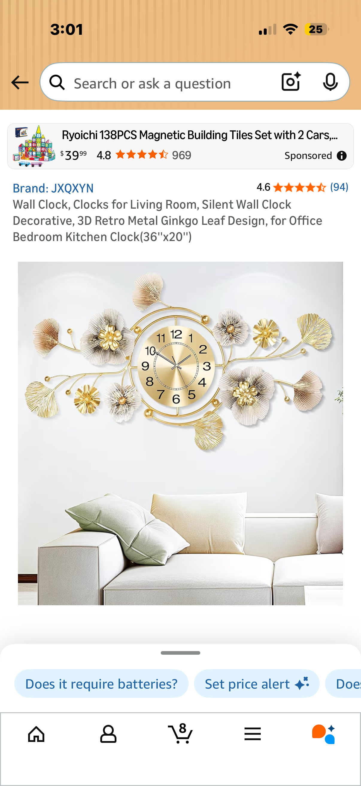 Wall Clock, Clocks for Living Room, Silent Wall Clock Decorative, 3D Retro Metal Ginkgo Leaf Design, for Office Bedroom Kitchen Clock(36''x20''