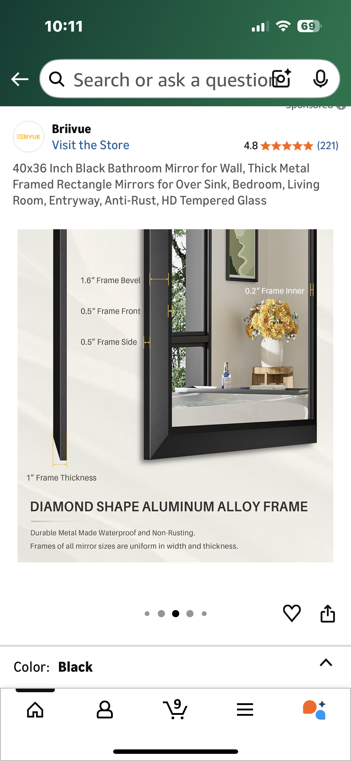 40x36 Inch Black Bathroom Mirror for Wall, Thick Metal Framed Rectangle Mirrors for Over Sink, Bedroom, Living Room, Entryway, Anti-Rust, HD Tempered Glass (M434)