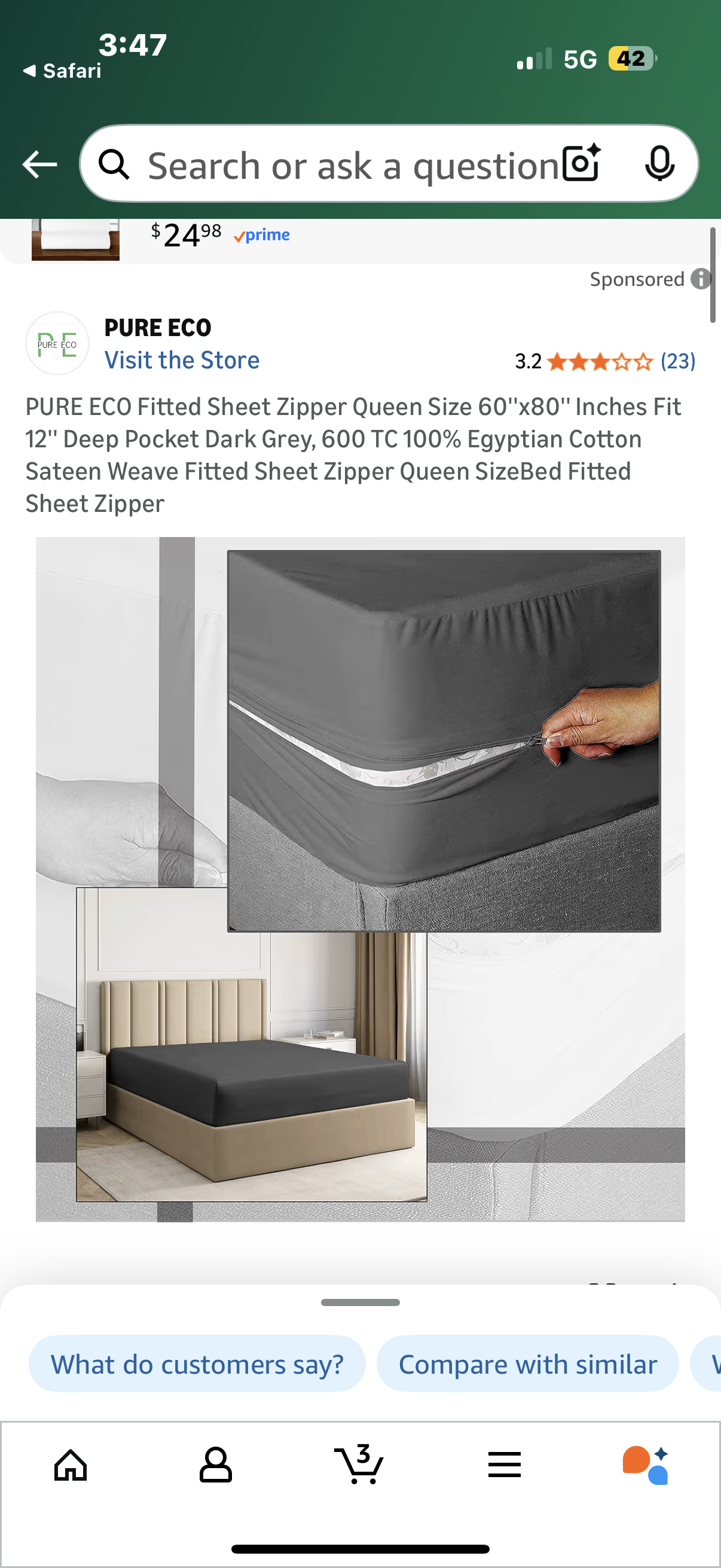 PURE ECO Fitted Sheet Zipper Queen Size 60''x80'' Inches Fit 12'' Deep Pocket Dark Grey, 600 TC 100% Egyptian Cotton Sateen Weave Fitted Sheet Zipper Queen SizeBed Fitted Sheet Zipper