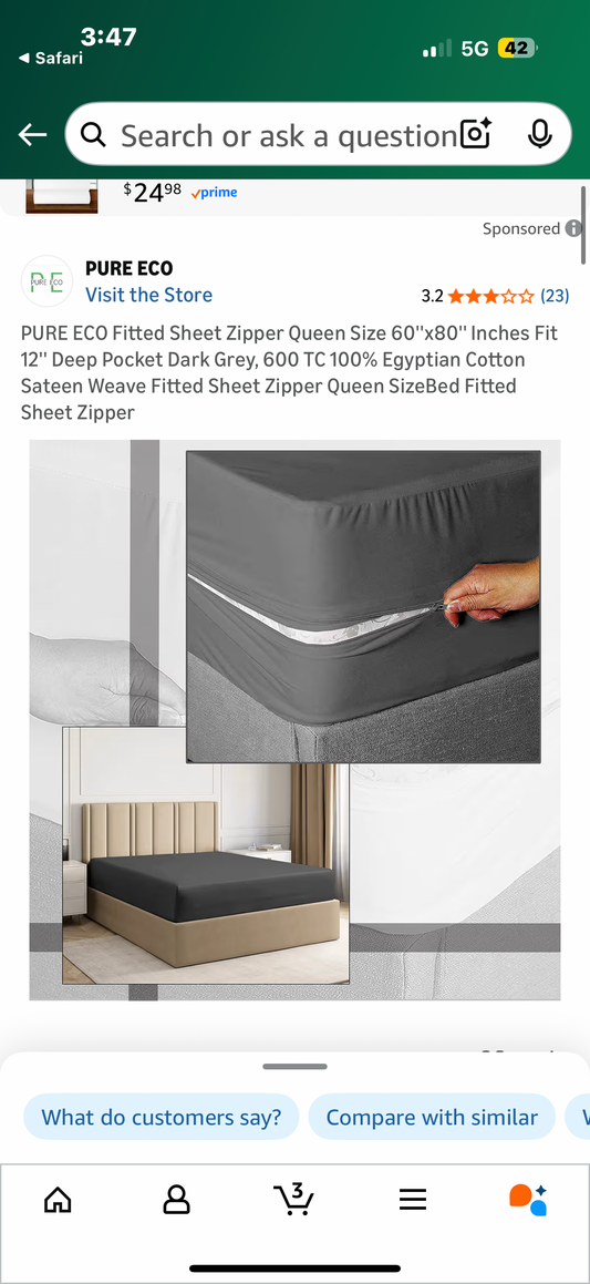 PURE ECO Fitted Sheet Zipper Queen Size 60''x80'' Inches Fit 12'' Deep Pocket Dark Grey, 600 TC 100% Egyptian Cotton Sateen Weave Fitted Sheet Zipper Queen SizeBed Fitted Sheet Zipper