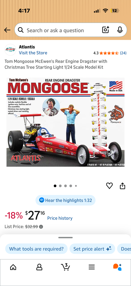 Tom Mongoose McEwen's Rear Engine Dragster with Christmas Tree Starting Light 1/24 Scale Model Kit