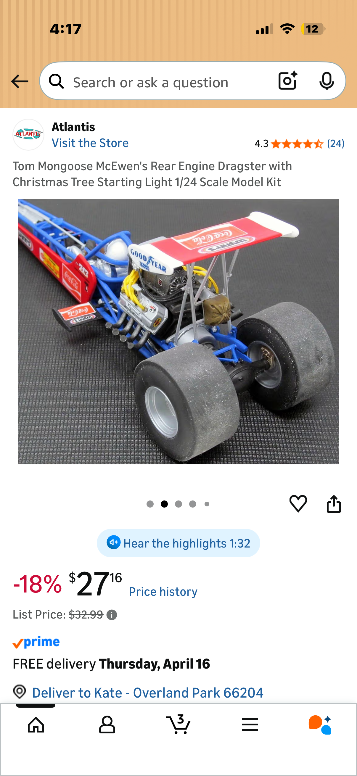 Tom Mongoose McEwen's Rear Engine Dragster with Christmas Tree Starting Light 1/24 Scale Model Kit