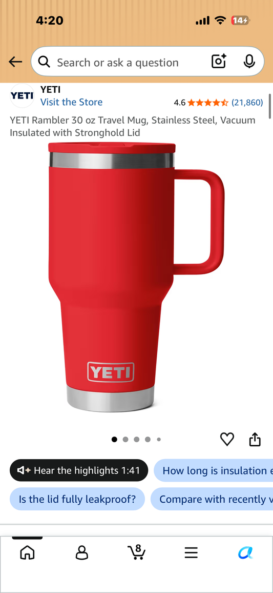 YETI Rambler 30 oz Travel Mug, Stainless Steel, Vacuum Insulated with Stronghold Lid