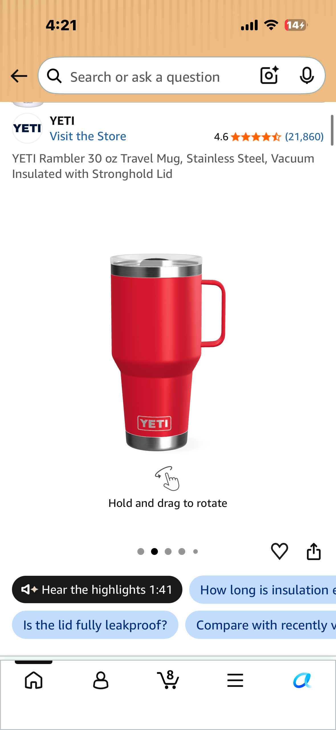 YETI Rambler 30 oz Travel Mug, Stainless Steel, Vacuum Insulated with Stronghold Lid