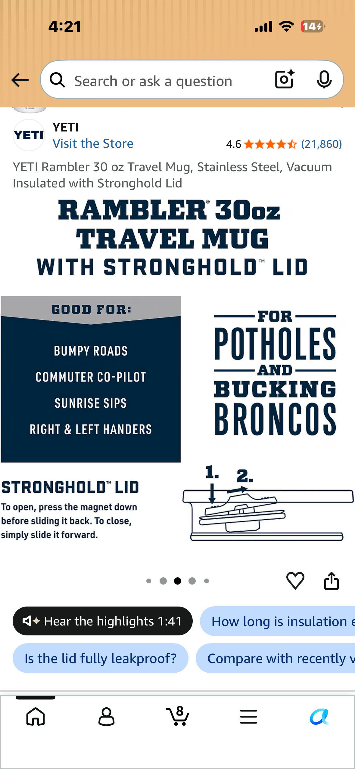 YETI Rambler 30 oz Travel Mug, Stainless Steel, Vacuum Insulated with Stronghold Lid