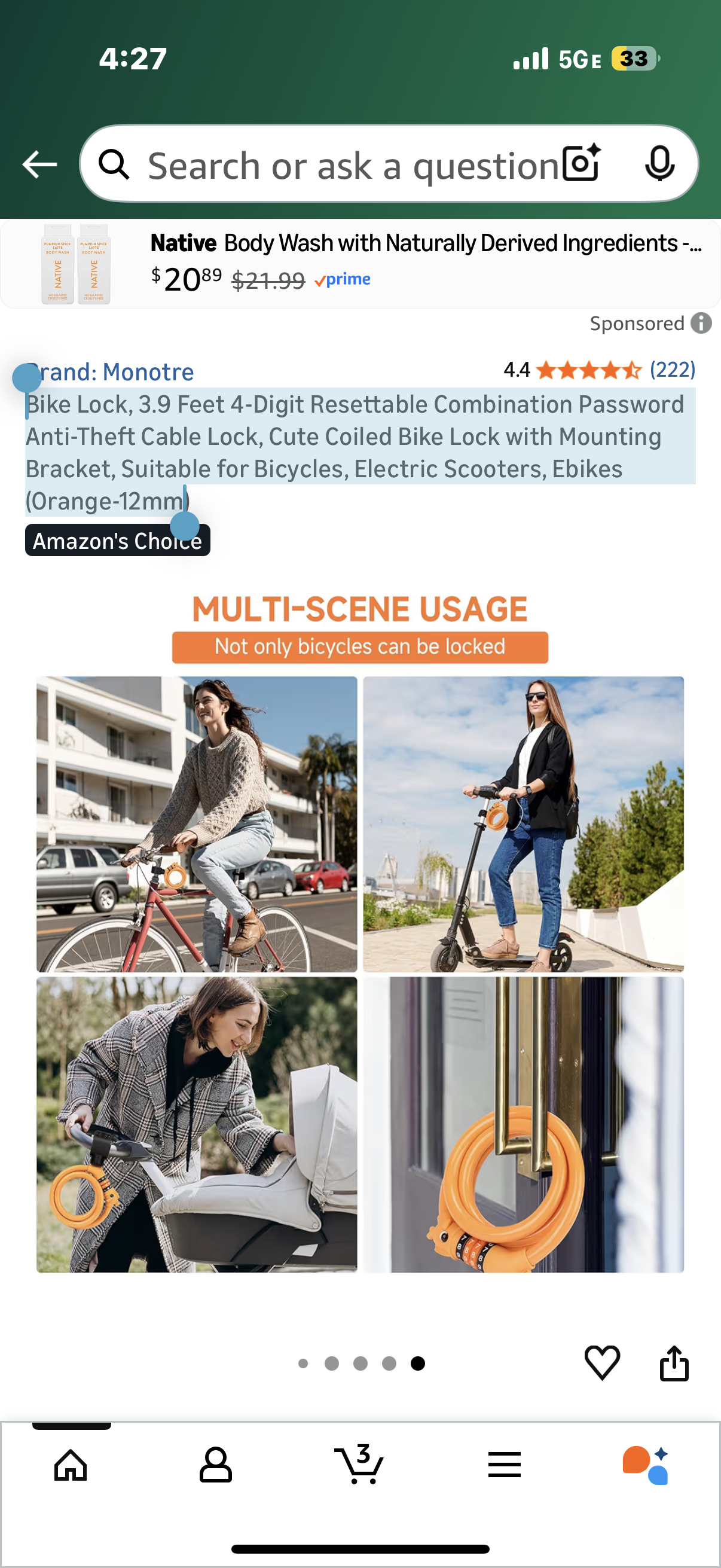 Bike Lock, 3.9 Feet 4-Digit Resettable Combination Password Anti-Theft Cable Lock, Cute Coiled Bike Lock with Mounting Bracket, Suitable for Bicycles, Electric Scooters, Ebikes (Orange-12mm