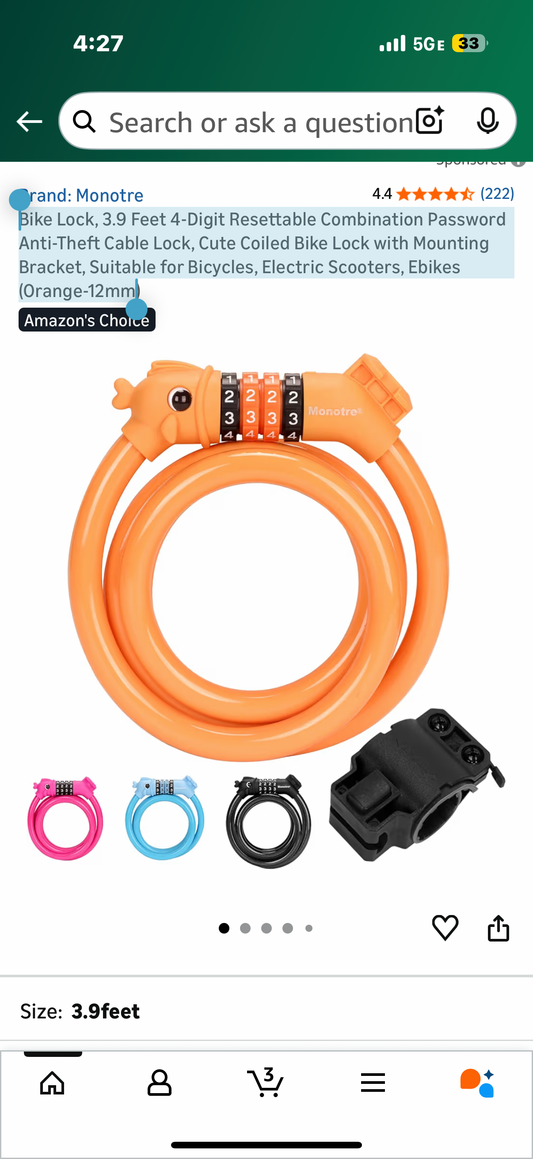 Bike Lock, 3.9 Feet 4-Digit Resettable Combination Password Anti-Theft Cable Lock, Cute Coiled Bike Lock with Mounting Bracket, Suitable for Bicycles, Electric Scooters, Ebikes (Orange-12mm