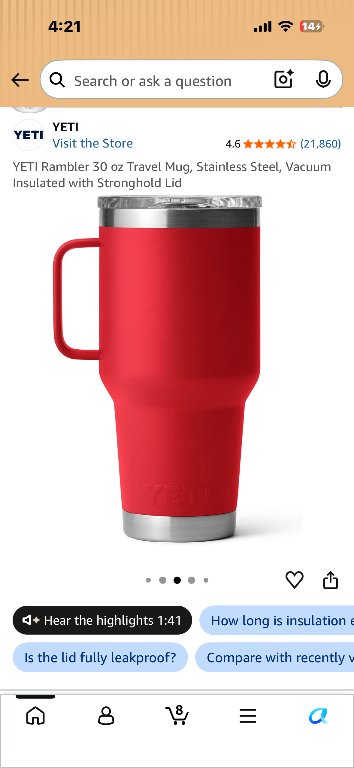 YETI Rambler 30 oz Travel Mug, Stainless Steel, Vacuum Insulated with Stronghold Lid