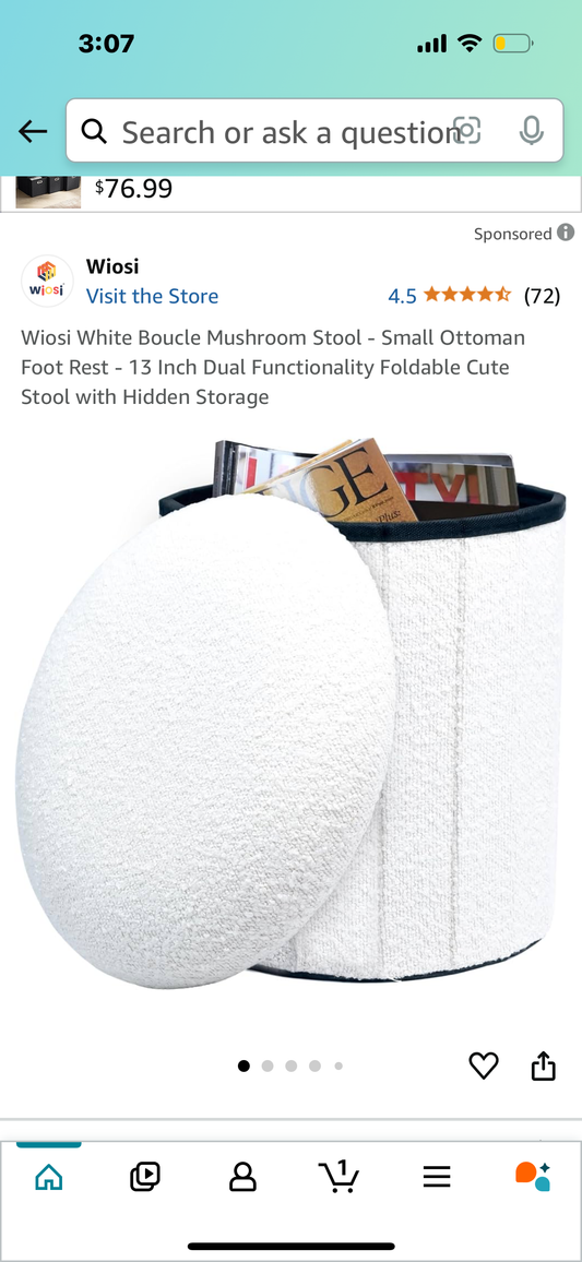 Wiosi White Boucle Mushroom Stool - Small Ottoman Foot Rest - 13 Inch Dual Functionality Foldable Cute Stool with Hidden Storage