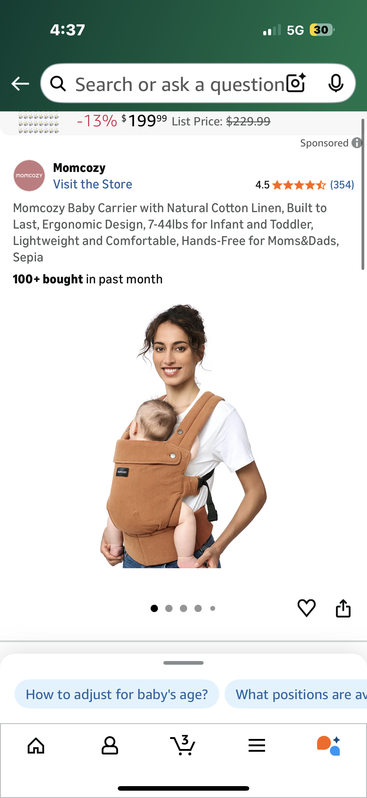 Momcozy Baby Carrier with Natural Cotton Linen, Built to Last, Ergonomic Design, 7-44lbs for Infant and Toddler, Lightweight and Comfortable, Hands-Free for Moms&Dads, Sepia