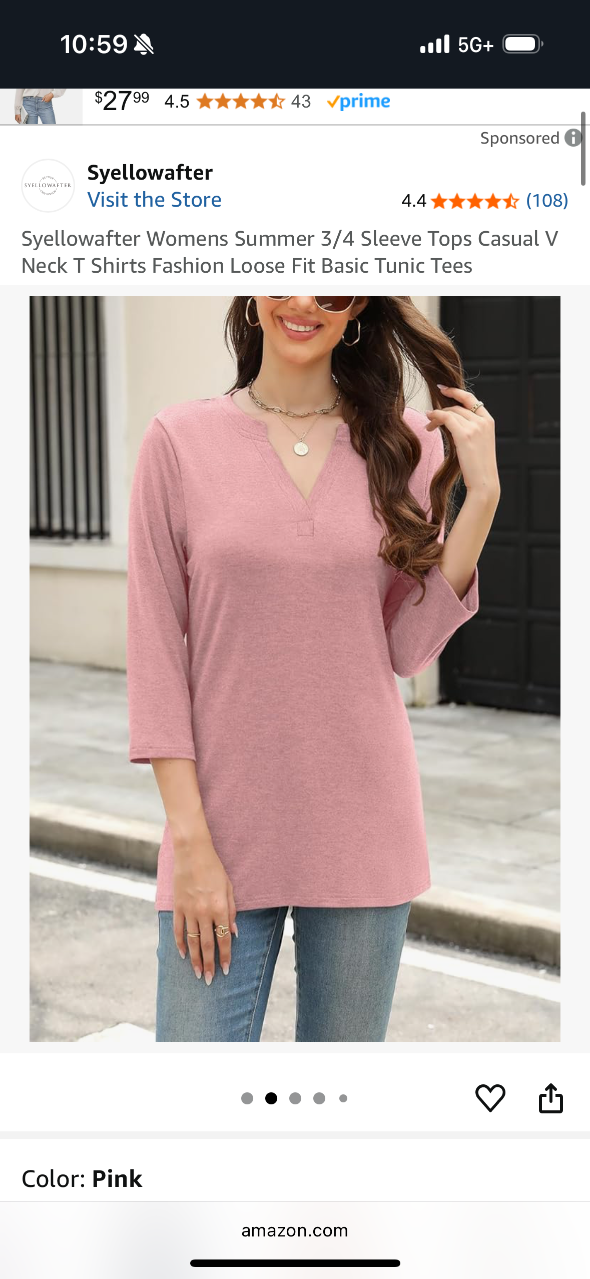 Womens Summer 3/4 Sleeve V Neck T Shirts (Size Small)