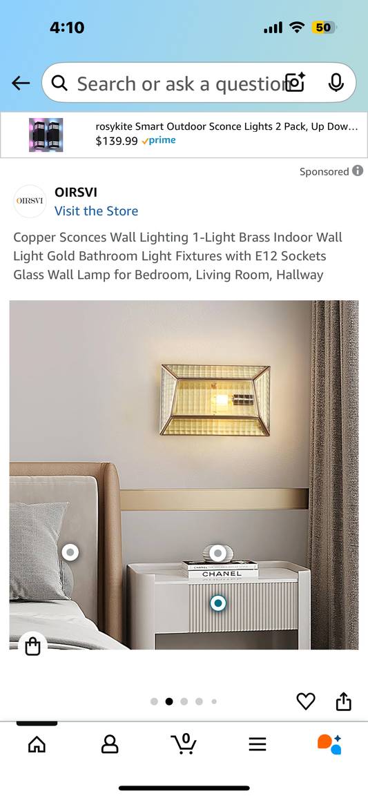 Copper Sconces Wall Lighting 1-Light Brass Indoor Wall Light Gold Bathroom Light Fixtures with E12 Sockets Glass Wall Lamp for Bedroom, Living Room, Hallway