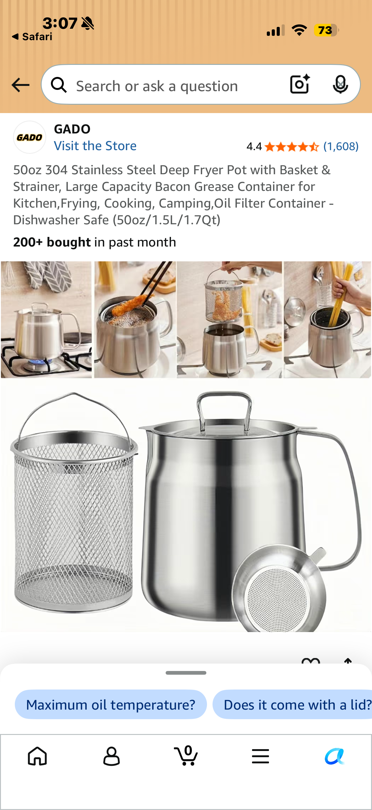 50oz 304 Stainless Steel Deep Fryer Pot with Basket & Strainer, Large Capacity Bacon Grease Container for Kitchen,Frying, Cooking, Camping,Oil Filter Container - Dishwasher Safe (50oz/1.5L/1.7Qt
