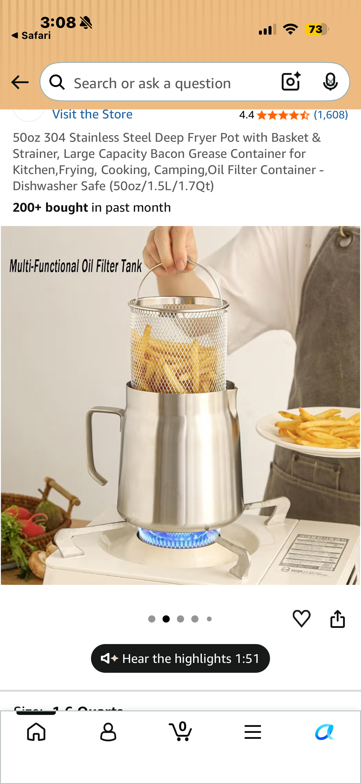50oz 304 Stainless Steel Deep Fryer Pot with Basket & Strainer, Large Capacity Bacon Grease Container for Kitchen,Frying, Cooking, Camping,Oil Filter Container - Dishwasher Safe (50oz/1.5L/1.7Qt