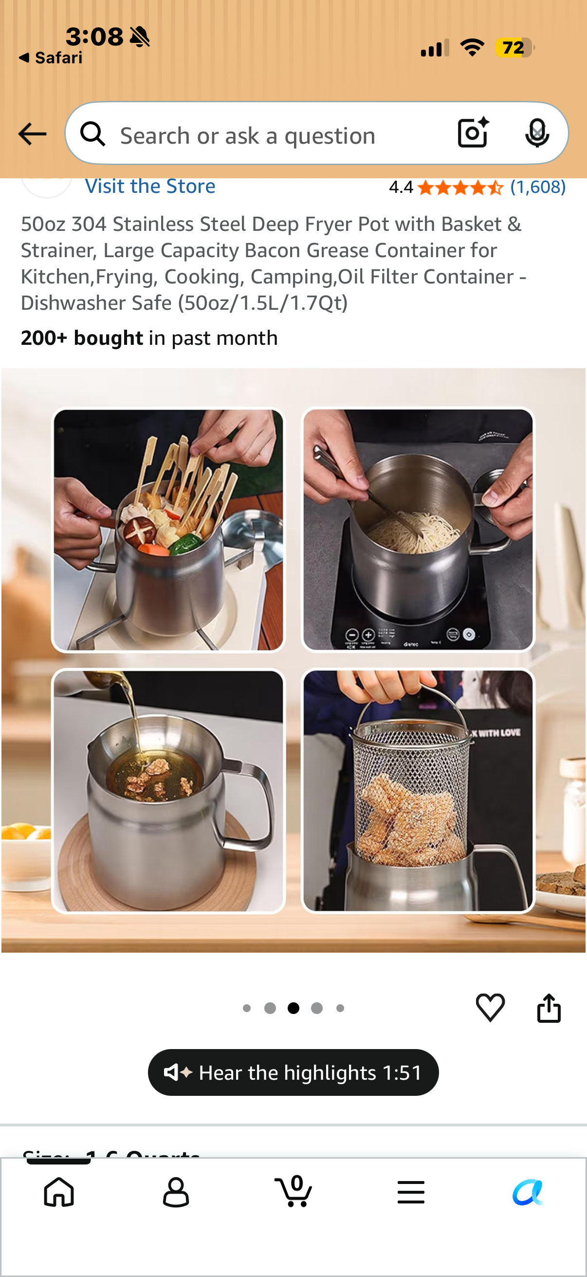 50oz 304 Stainless Steel Deep Fryer Pot with Basket & Strainer, Large Capacity Bacon Grease Container for Kitchen,Frying, Cooking, Camping,Oil Filter Container - Dishwasher Safe (50oz/1.5L/1.7Qt