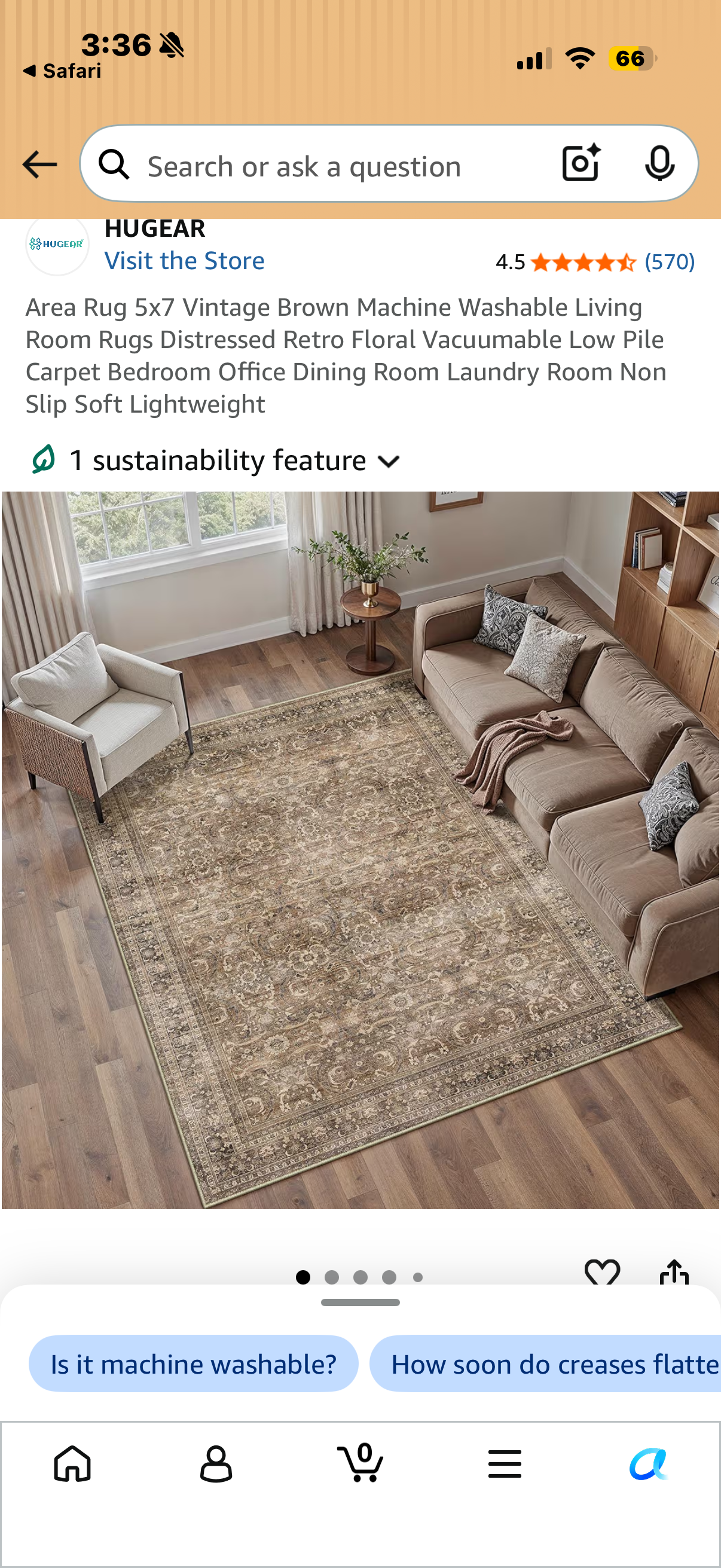 HUGEAR Brown Area Rug 5x7 Machine Washable Living Room Rugs Distressed Neutral Vintage Floral Low Pile Carpet Bedroom Office Dining Room Laundry Room Non Slip Soft Lightweight